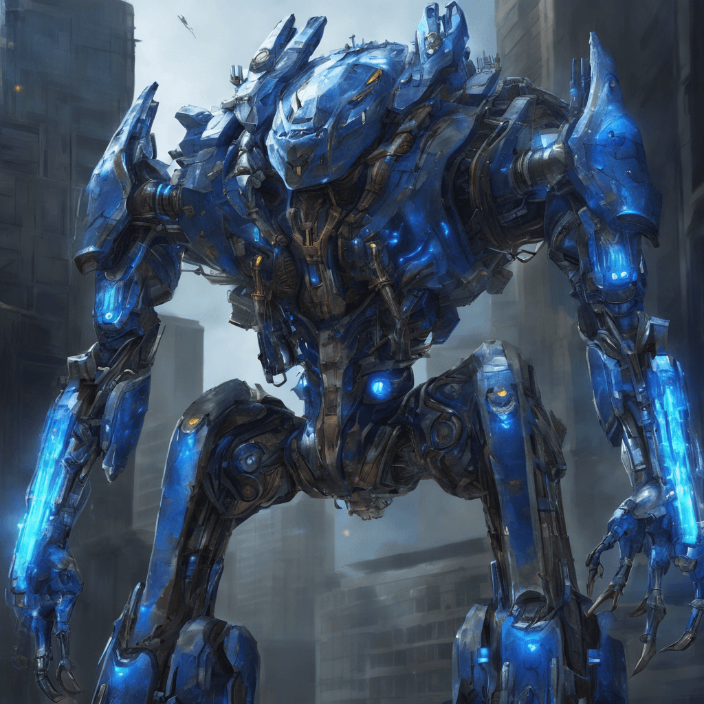 The enemy is a towering figure, its body a patchwork of gleaming metal and exposed wiring. Blue lights pulse rhythmically along its limbs, and sharp, mechanized claws extend from its hands.