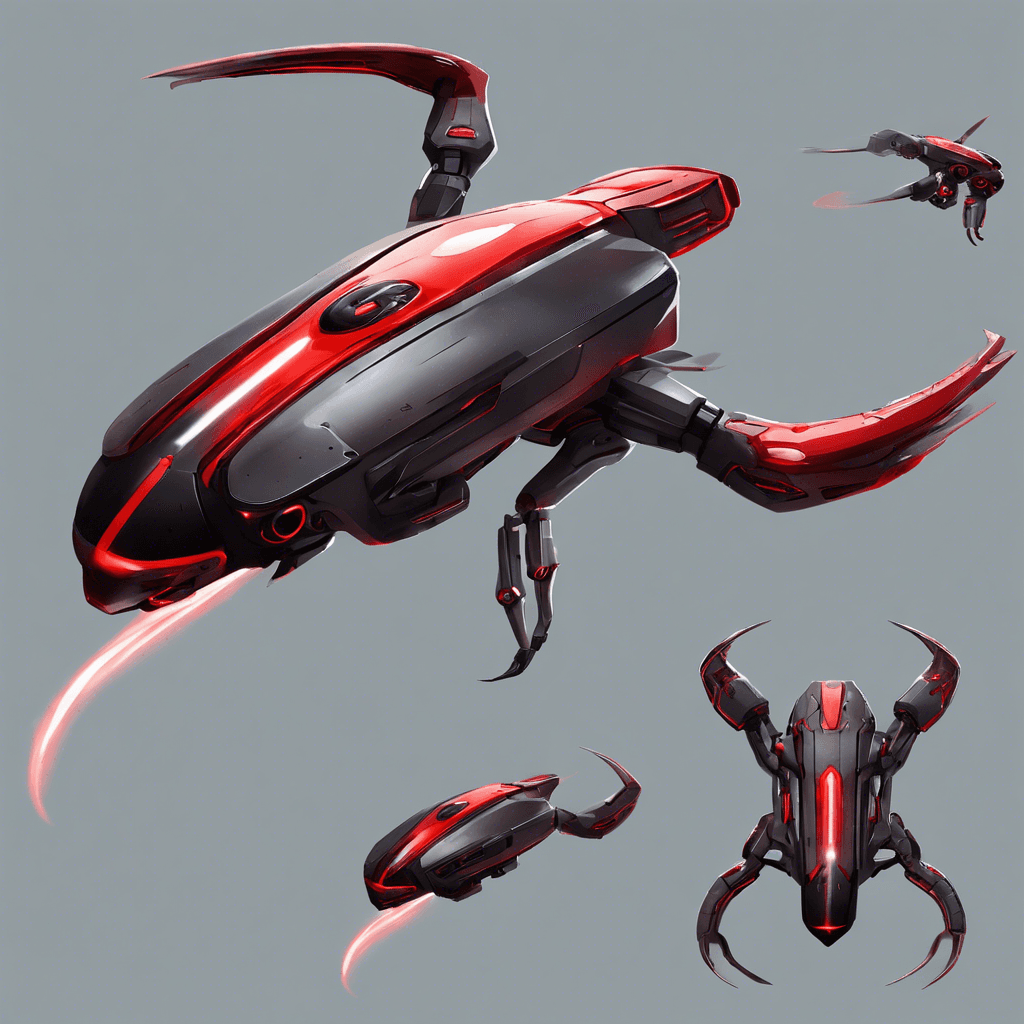 A sleek, hovering drone with an ominous red scanning eye and three rotating arms, each equipped with an energy blaster and sharp mechanical claws.