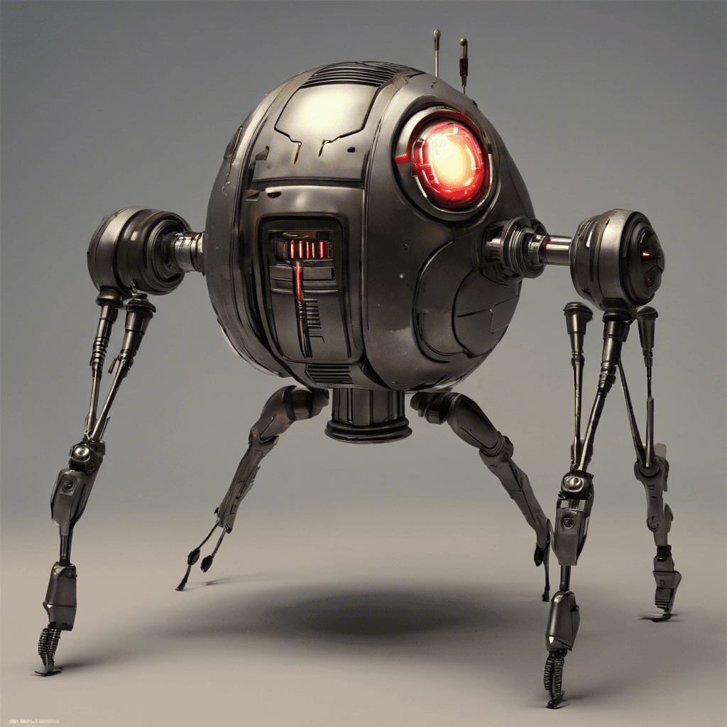 The Zylox Droid stands on two slender but sturdy metal legs, its torso a mess of blinking lights and whirring gadgets. It has two slender arms ending in precision pincers, and its head is a single glowing eye that scans relentlessly. In place of regular feet, it hovers slightly above the ground on a cushion of anti-gravity.