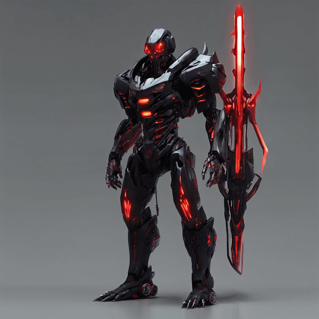 A towering, humanoid figure clad in sleek, black cybernetic armor with glowing red accents. Its eyes burn with a cold digital light, and its body is adorned with various tech implants and weapon attachments. The Cyber Reaper moves with uncanny precision and emits a menacing hum of power.