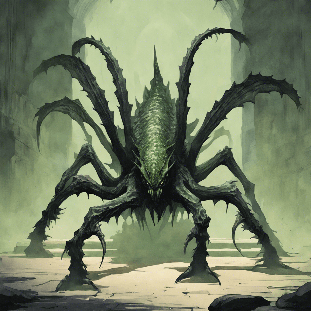 A large, reptilian creature with eight legs, a spiny ridge of blackened bone protruding from its back, and a gaze that seems to shimmer with an eerie, petrifying light. Its scales are a mottled blend of dark greys and greens, allowing it to blend with the shadows of the crypt.