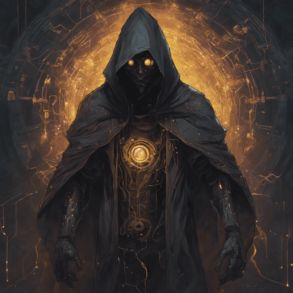 A cloaked figure with faintly glowing eyes beneath a torn hood, its body composed of swirling nanites and circuitry, crackling with rogue energy.