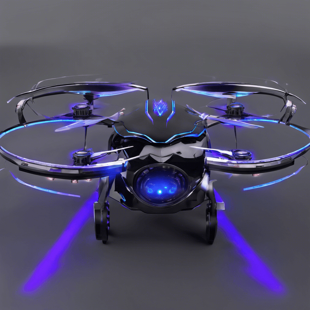 The Xenon Drone is a sleek, metallic drone adorned with glowing blue and purple lights. Its body is equipped with advanced weaponry and sensors, moving with precision and agility in the air. The drone emits a low hum as it scans its surroundings with a menacing gaze.