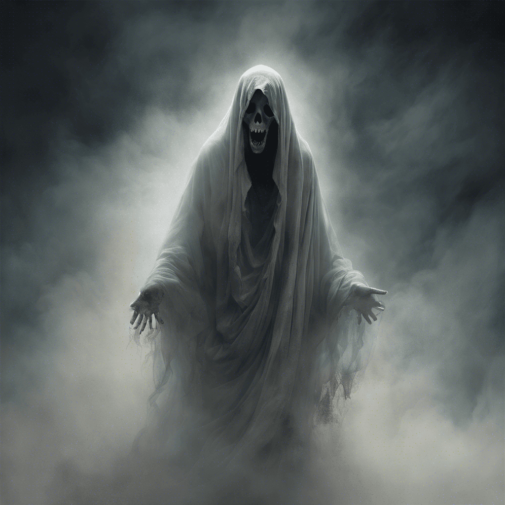 A ghostly figure, draped in tattered robes drifting off into spectral mist. Its face is a haunting visage of sorrow with hollow eyes and an open mouth in a perpetual scream.