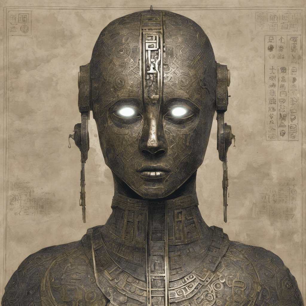 A humanoid figure made of gleaming metal with no facial features. Instead, its head is adorned with glowing symbols, and its body is covered in cryptic engravings. It appears to be ancient technology, possibly a guardian to prevent unwarranted access to secrets.