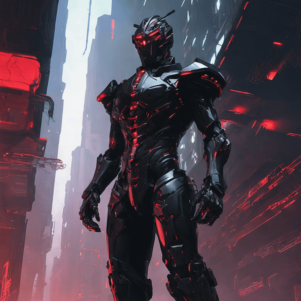 A towering figure clad in black, armored synth-leather. Their eyes glow from beneath a dark visor, showcasing augmented reality interfaces. Limbs enhanced with hydraulics, visible cybernetic enhancements etch their skin, and a faint, ominous red light pulses from their chest core.