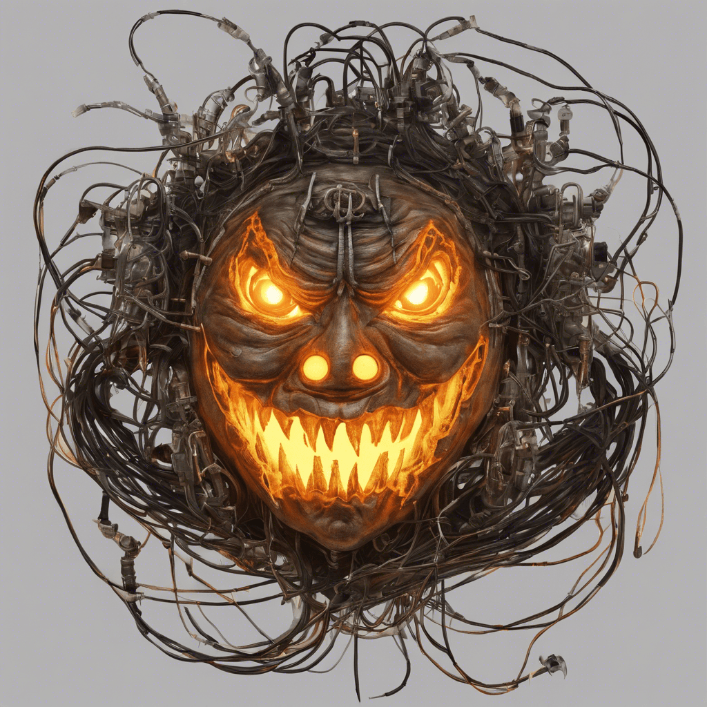 A grotesque amalgamation of metal and glowing circuitry, fashioned in the visage of a jack-o'-lantern. Its eyes blaze with an eerie synthetic fire as it floats ominously, tendrils of sparking wires trailing behind it like malevolent roots.