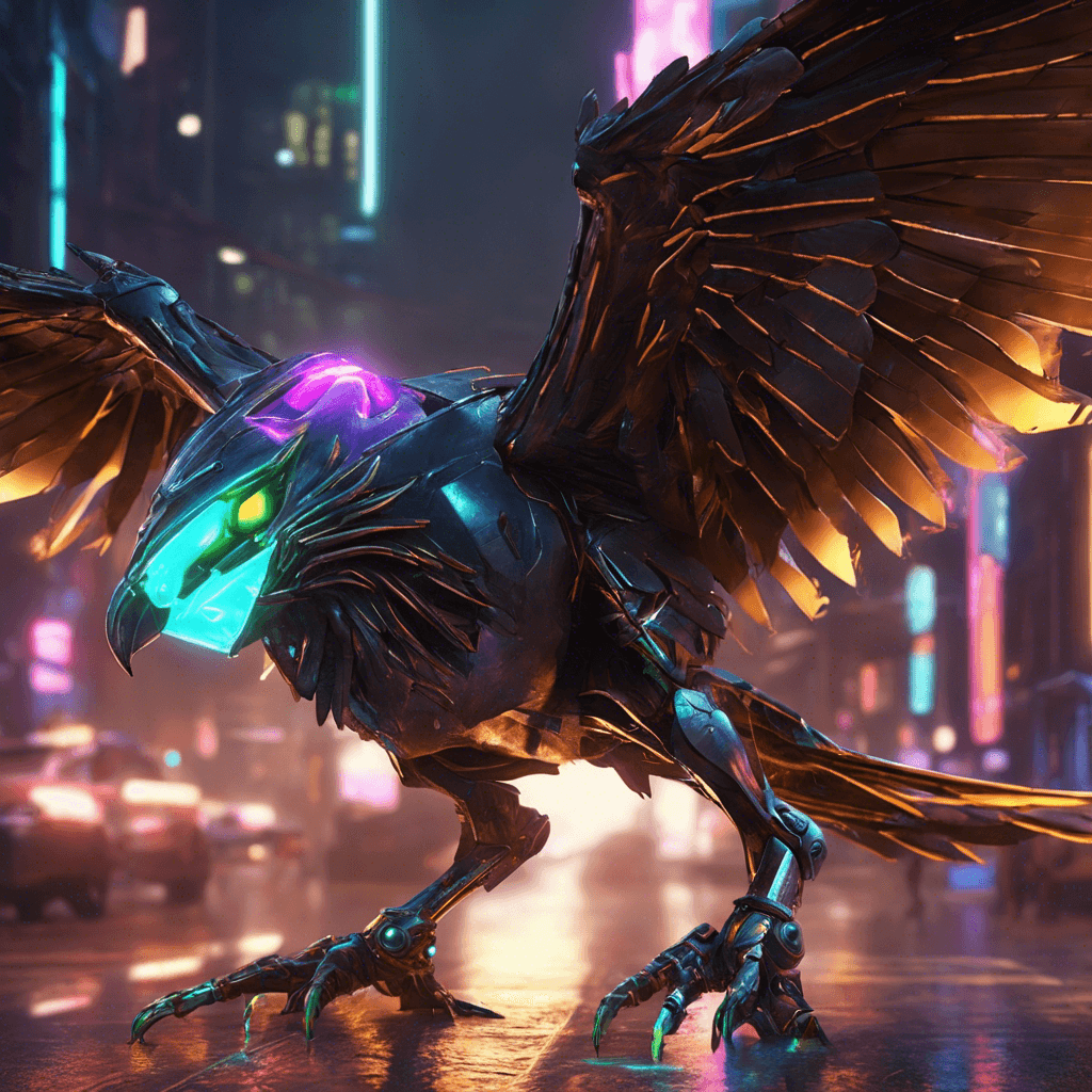 A sleek, metallic creature resembling a large bird of prey, with razor-sharp wings and a chassis glowing with eerie neon light. Its talons are laced with deadly neurotoxins, and its eyes are replaced by advanced targeting sensors.