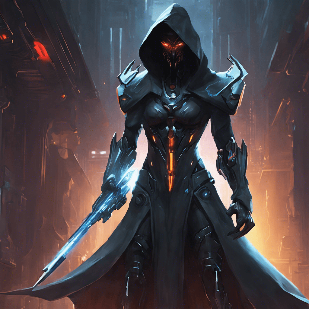 A sleek figure cloaked in darkness, cybernetic implants glowing ominously beneath the hood. The Shadowblade Assassin moves with deadly precision, its eyes scanning the area for its next target.