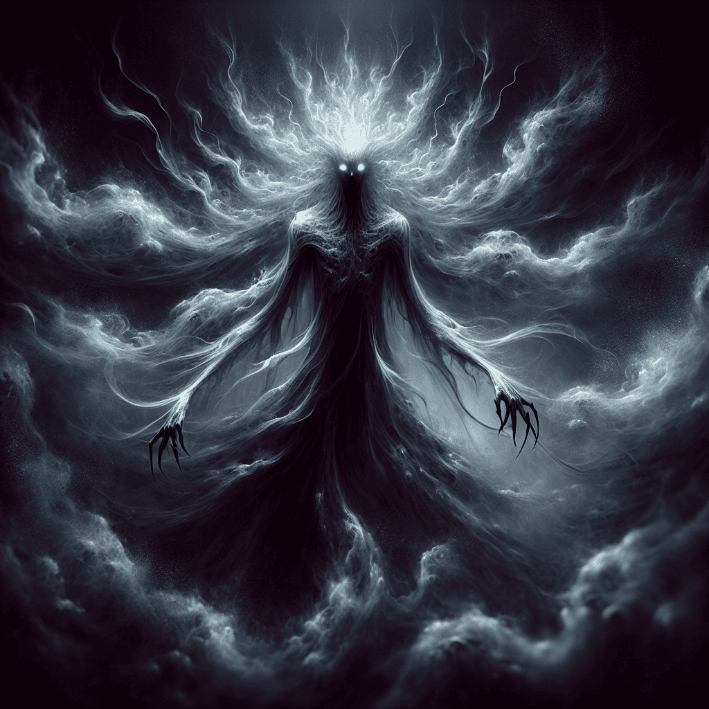 A dark, ethereal figure, cloaked in a billowing mist, its eyes glowing with a faint silvery light. It has an elongated, humanoid form with wispy tendrils for arms, giving it a ghostlike appearance.