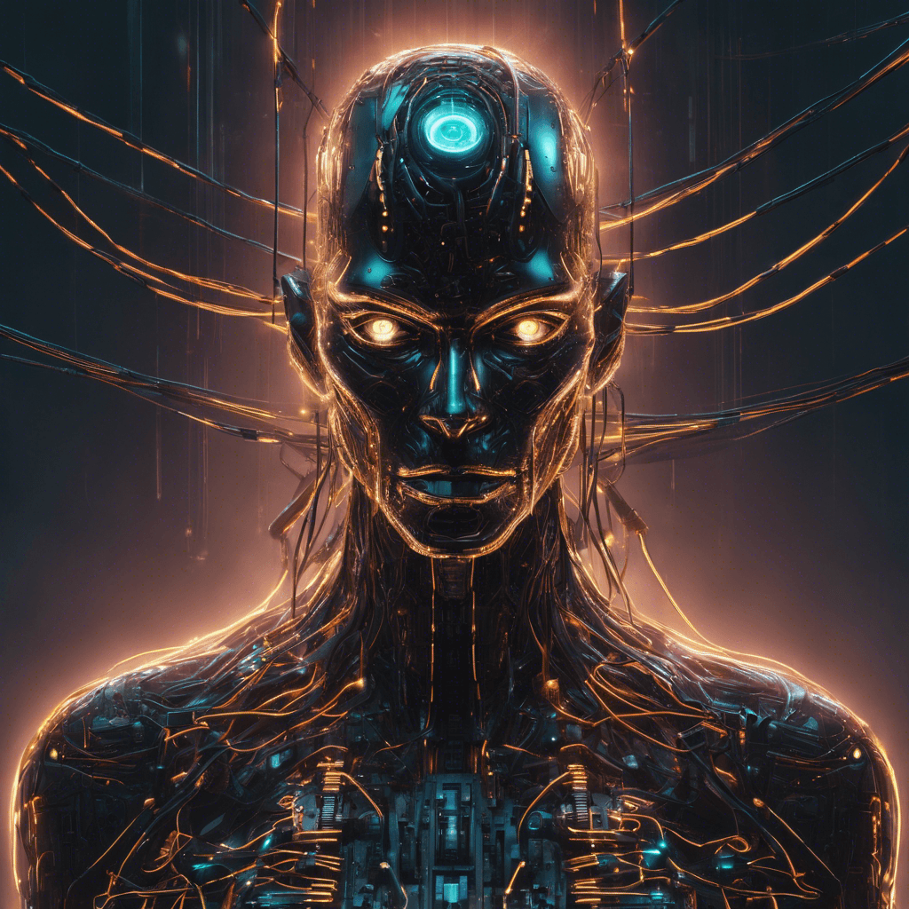 A towering humanoid figure, its body an intimidating blend of black steel and neon-lit circuit patterns. It has one glowing eye on a partially metallic face, with cables and wires spilling like tendrils from its back and arms.