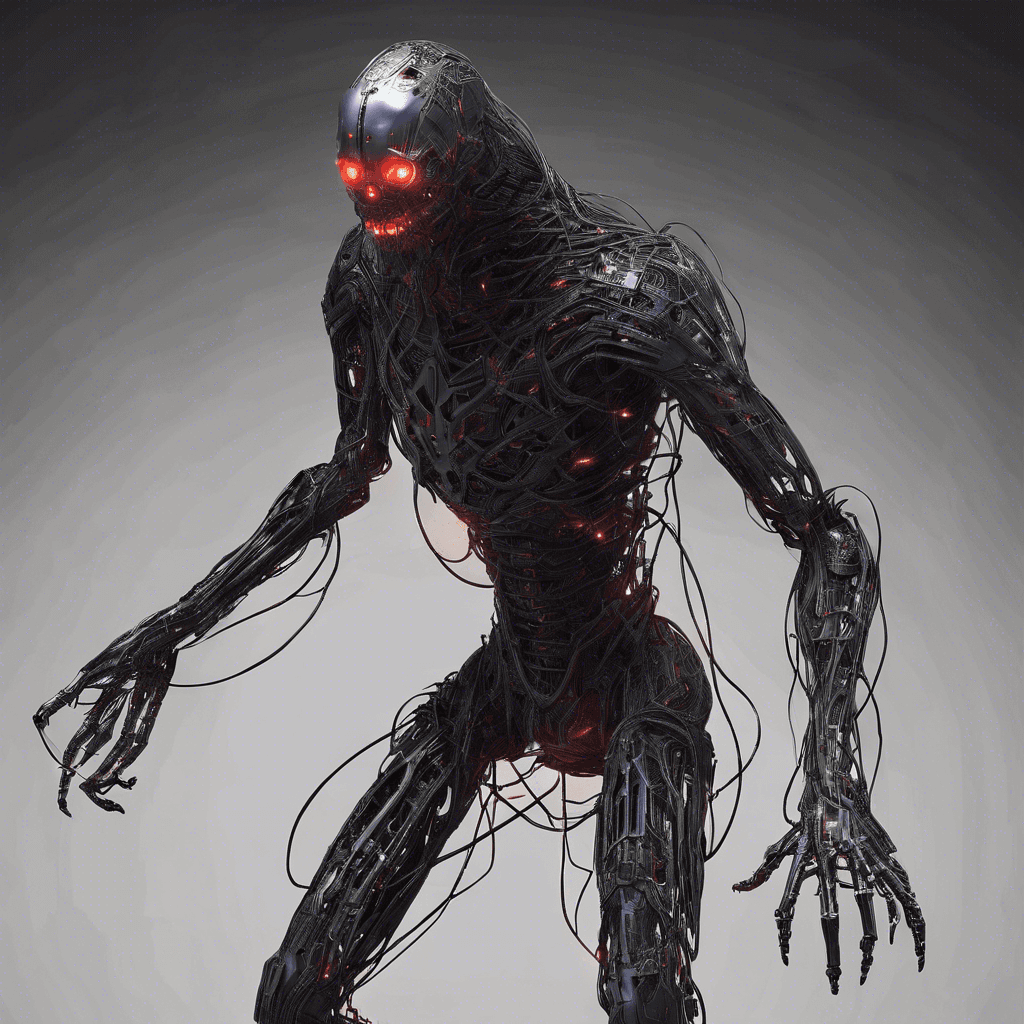 The DreadNet Ghost is a cybernetic entity shrouded in darkness, with glowing red eyes and intricate circuit patterns running across its body. It moves with unnerving speed and its every movement causes glitches in the surrounding digital environment, making it difficult to track.