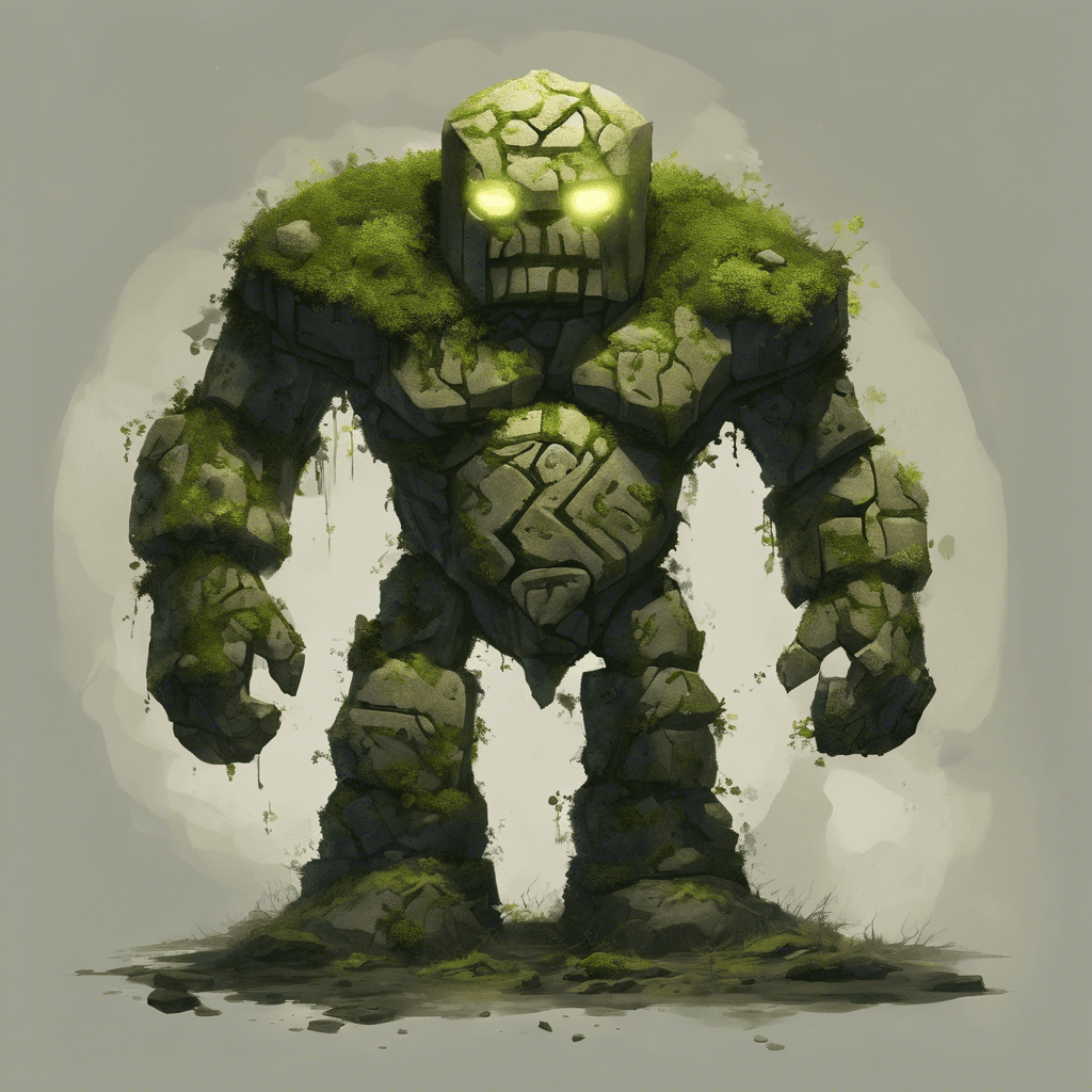 A towering golem made of stone and ancient, moss-covered runes. It has glowing glyphs that pulse along its body and eyes that shimmer with magical energy. It moves with a slow, deliberate power, leaving faint trails of arcane light in its wake.