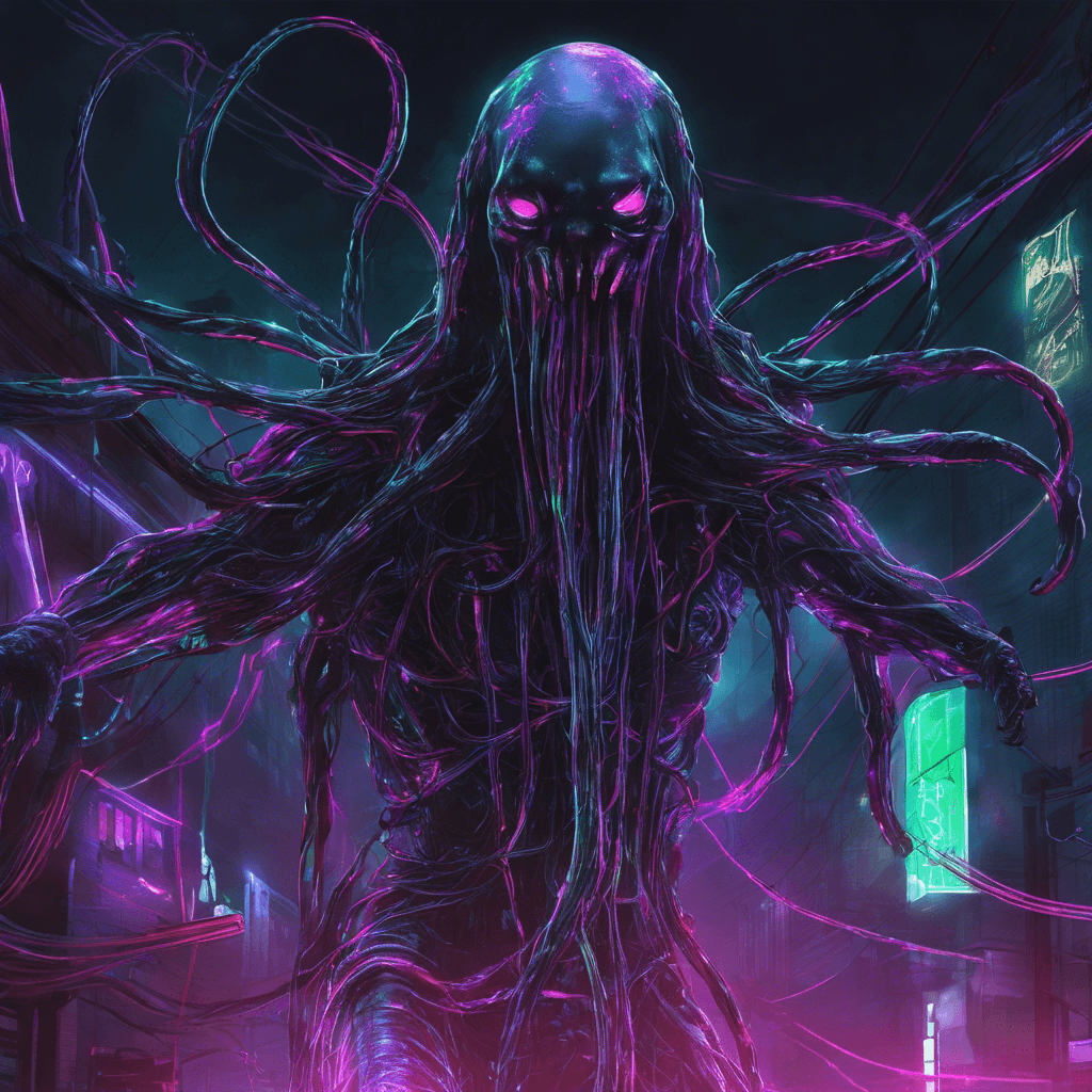 An apparition of flickering neon lights and shadow, the Neon Wraith hovers above the ground, its form occasionally glitching out of sight. Wires and cables drape from its body like tentacles, sparking with volatile energy. Its visage is a mask of digital noise.