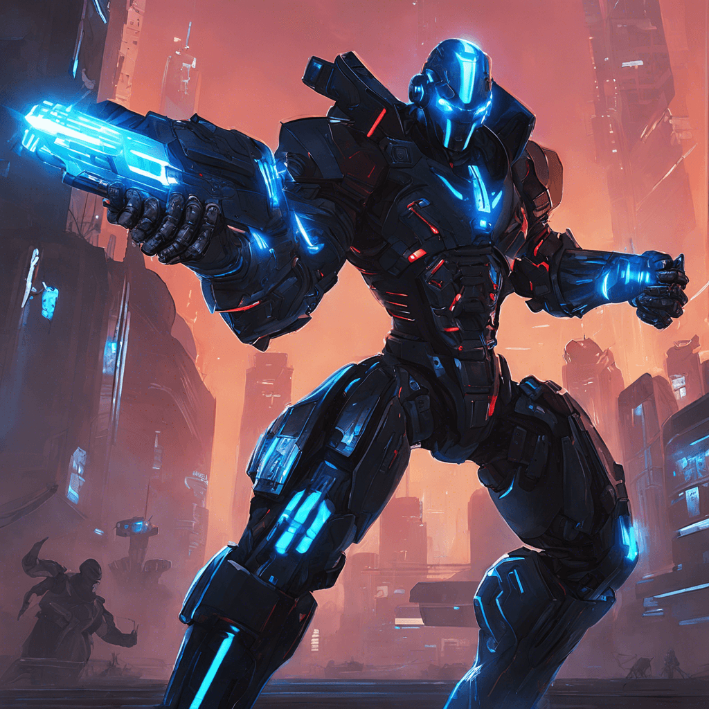 The Cybernetic Enforcer is a towering humanoid figure clad in sleek, black armor adorned with glowing blue cybernetic enhancements. Its red visor emits a menacing glow as it scans its surroundings with robotic precision. Wielding advanced weaponry integrated into its cybernetic arms, this enforcer is a formidable opponent in both close combat and ranged attacks.