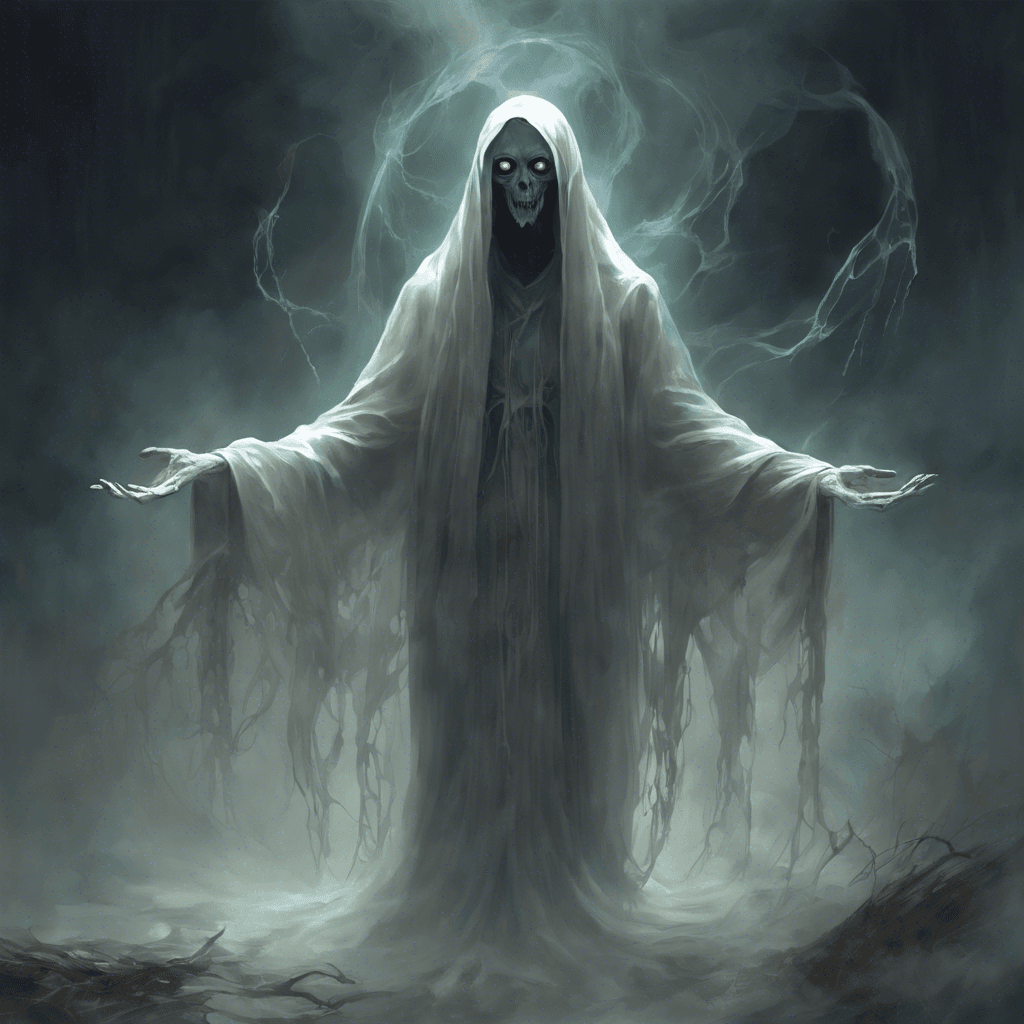 A translucent apparition with hollow eye sockets and tattered robes, drifting above the ground, its hands outstretched as if grasping for the essence of the living.