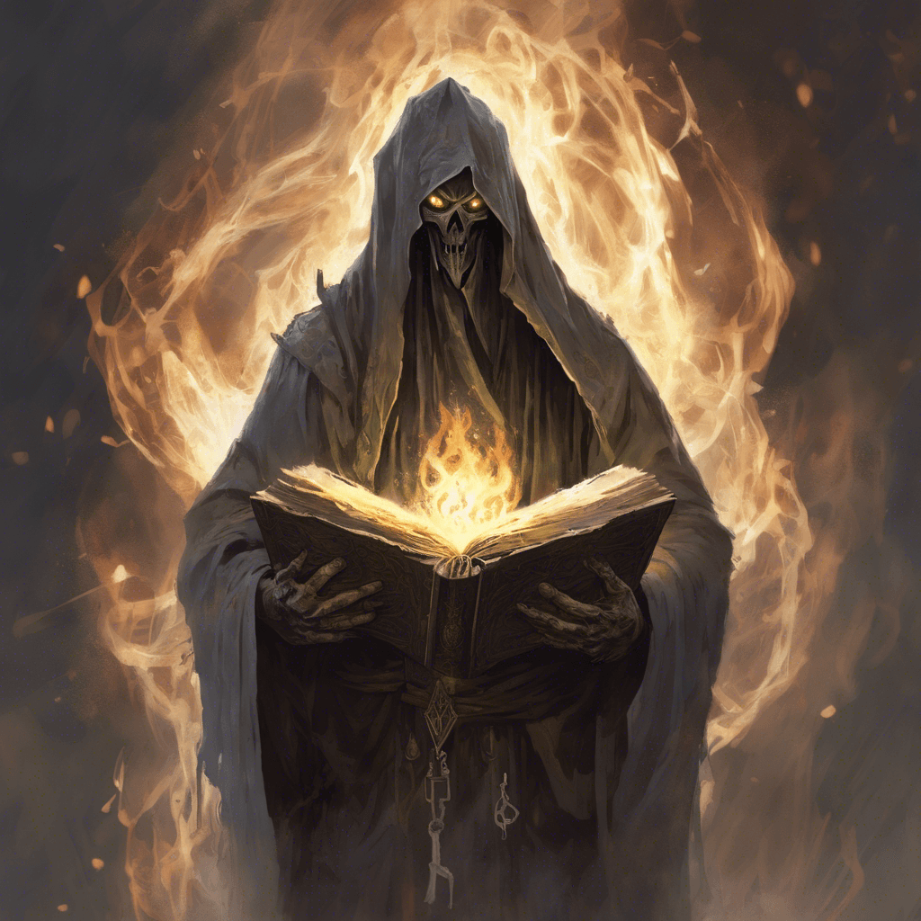 A spectral figure, shrouded in tattered robes, with burning eyes and clutching an ancient, rune-etched tome.