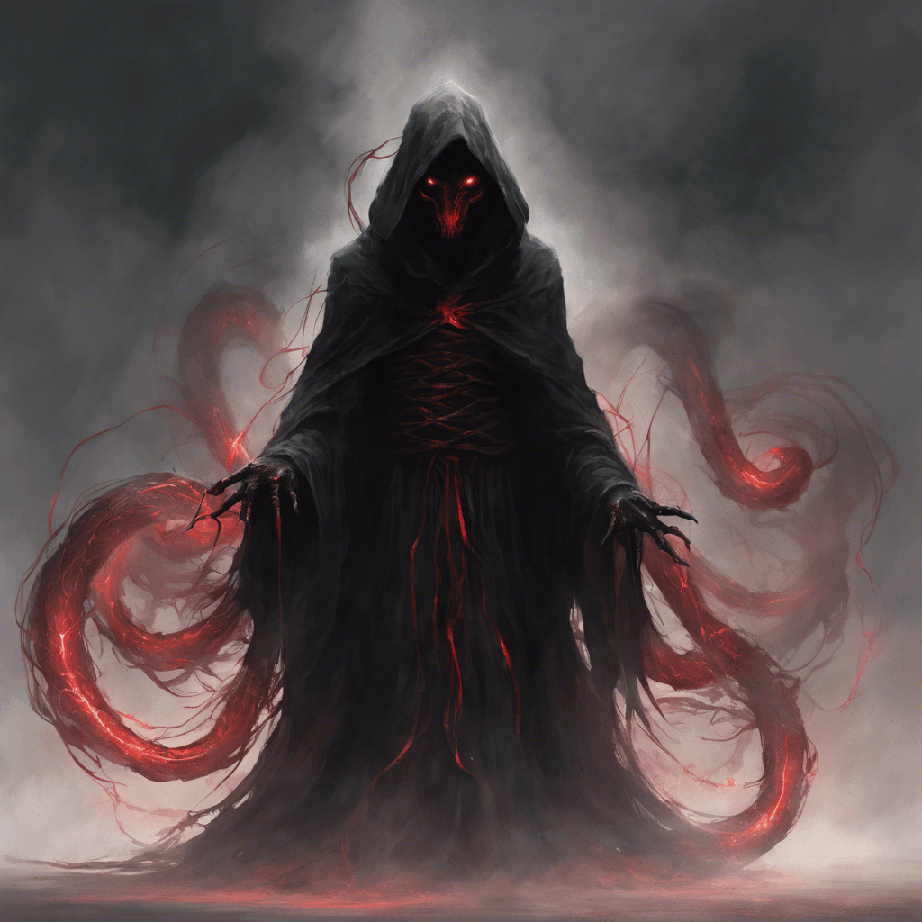 A spectral figure shrouded in tattered black robes, drifting inches above the ground. Its face is hidden within the darkness of its hood, eyes glowing with malevolent red light. Wisps of dark mist coil around its form like serpents.