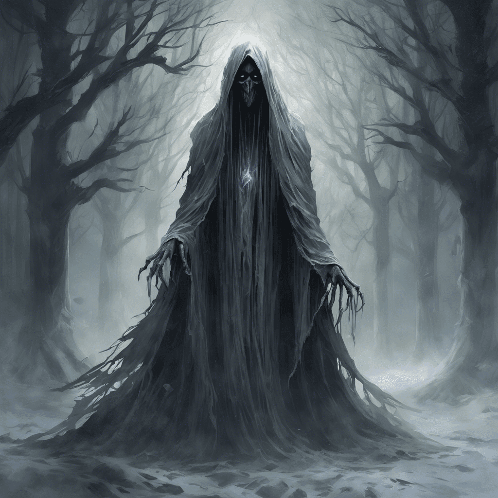 The Wraith is a spectral figure clad in tattered robes, with hollow eyes that seem to pierce through the darkness. Its ethereal form drifts soundlessly, leaving a chill in its wake. The air around it grows icy cold, and whispers can be heard echoing from beyond the veil.