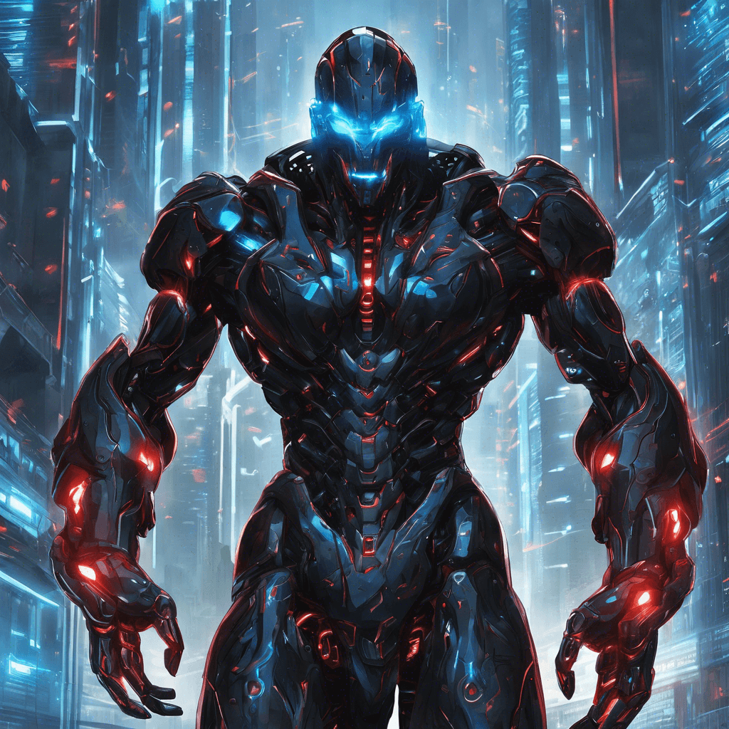 A towering humanoid figure clad in sleek, black cybernetic armor. Glowing blue circuit patterns line its body, pulsing with energy. Its eyes are a piercing red, scanning its surroundings with advanced technology. The NetBreaker wields a deadly combination of cyberware and hacking skills, making it a formidable foe.