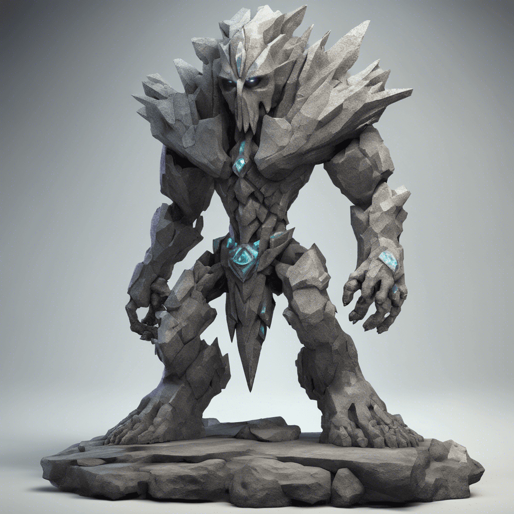 A colossal humanoid figure sculpted from jagged grey stone. Its eyes glimmer with enchanted topaz, and ancient runes etch its limbs. It wields a massive granite club in its right hand.