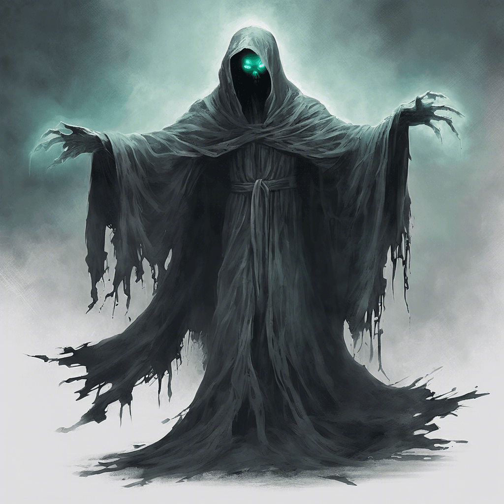 The Spectral Wraith is a ghostly figure clad in tattered robes, its form flickering in and out of existence as it hovers ominously in the fog. Glowing eyes pierce through the darkness, exuding an aura of cold and dread.