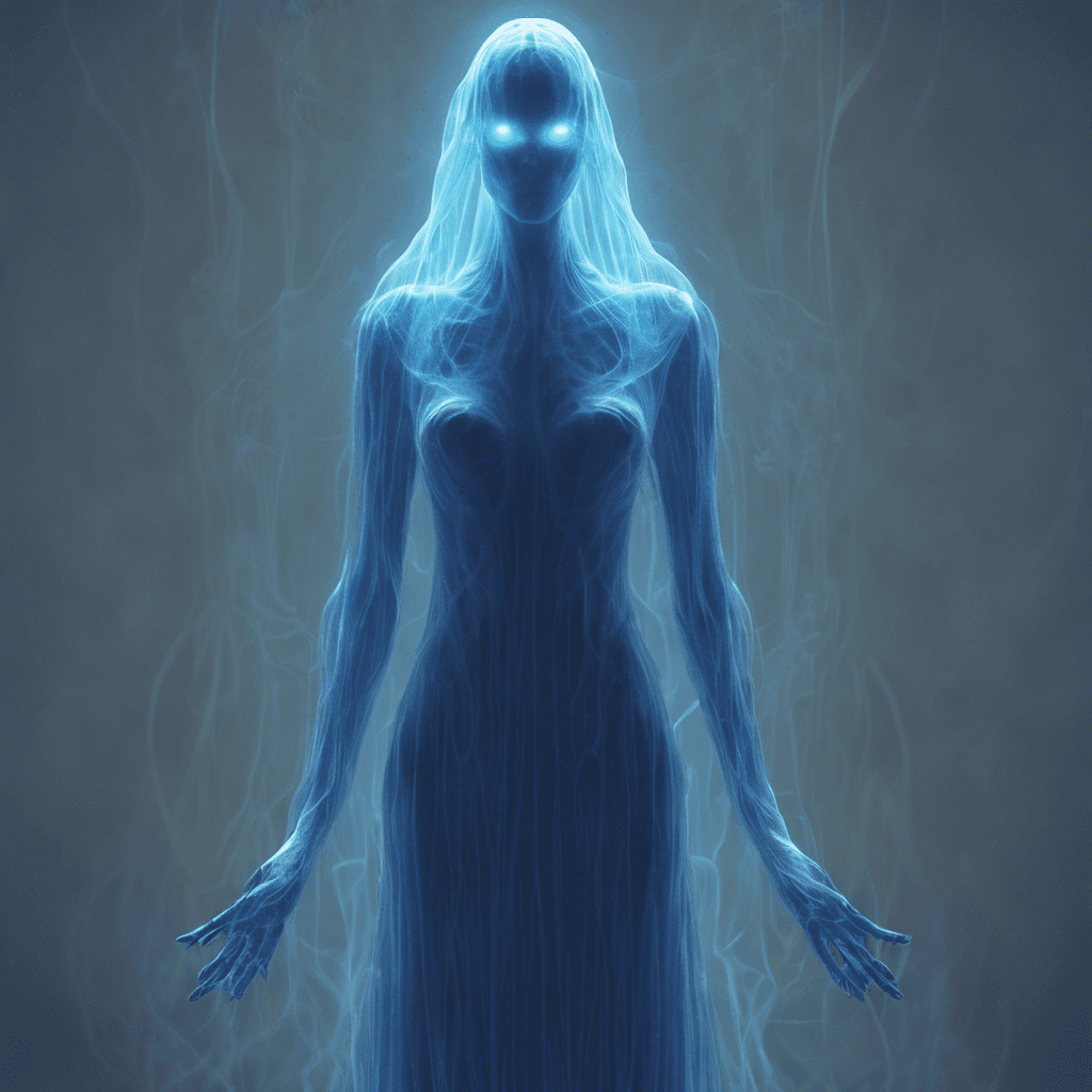 This spectral entity glows with an eerie blue light, casting dark shadows amidst its semi-transparent form. It flickers in and out of visibility, like a static ghost caught in a glitched loop, emitting bursts of quantum energy.