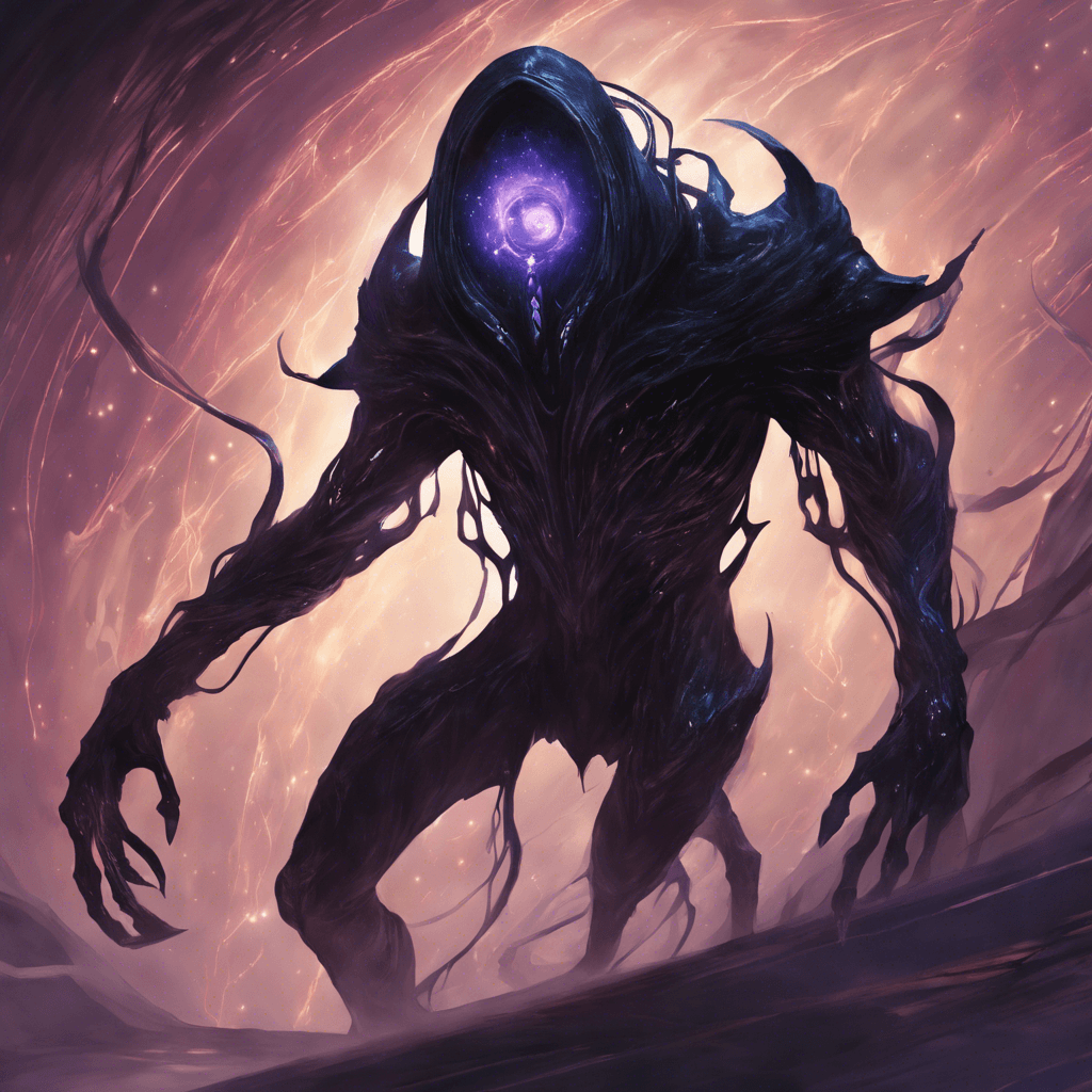 The Voidwalker is a mysterious entity from the depths of space, appearing as a shadowy figure with tendrils of darkness emanating from its form. It moves silently and swiftly, with glowing eyes that pierce through the darkness of the Andromeda Sector.