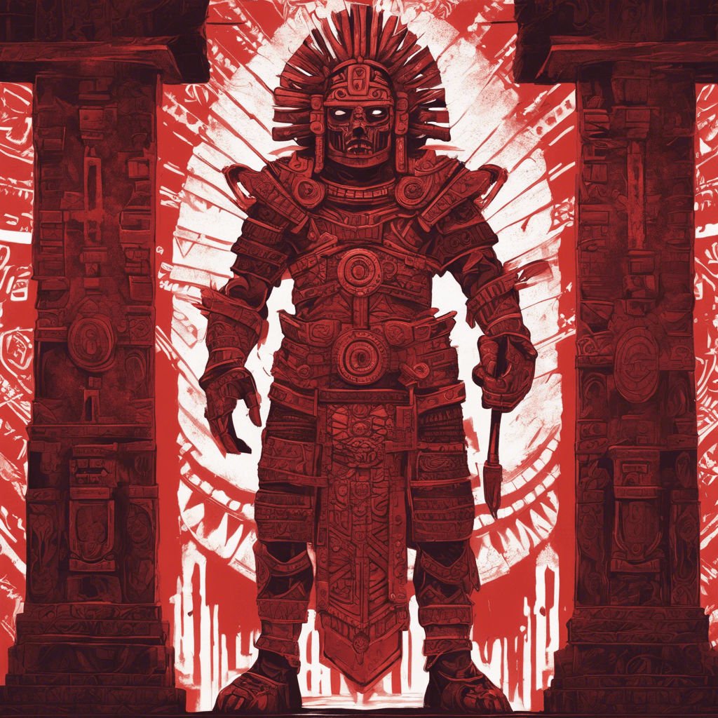 A towering figure clad in ancient Aztec armor, adorned with intricate patterns of blood red hues. Its eyes glow with malicious intent, and a chilling aura surrounds it, emanating from the sacrificial altar.