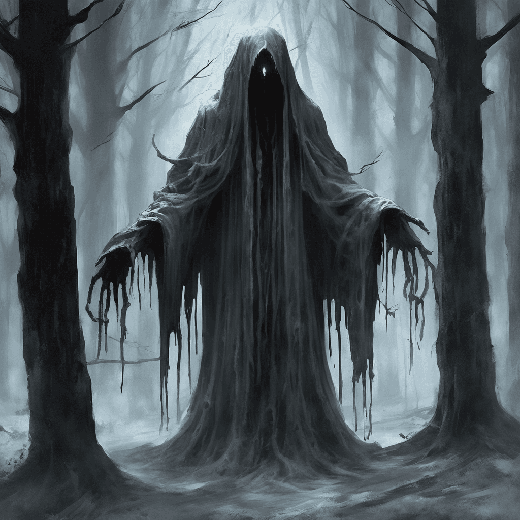 The Wailing Specter is a ghostly figure clad in tattered robes, its hollow eyes glowing with an eerie light. Its mournful wails pierce through the silence of the forest, freezing the blood of all who hear it.