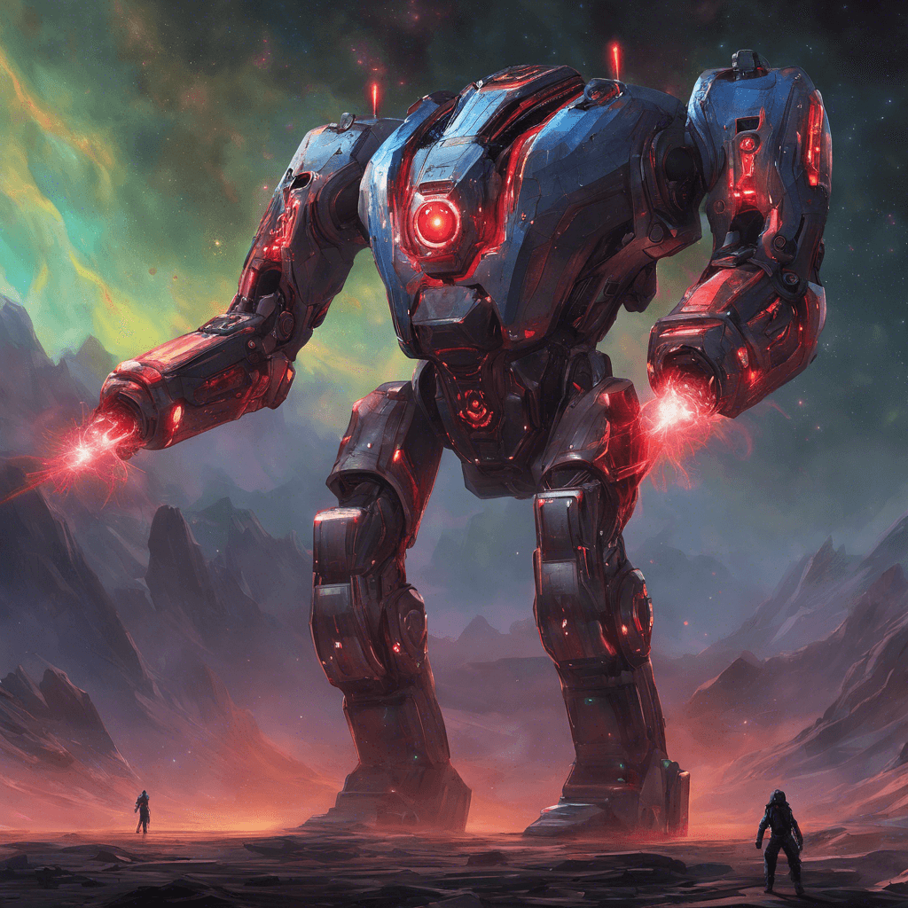 The Nebula Sentinel is a towering robotic figure, adorned with glowing, pulsating lights that seem to mimic the patterns of distant nebulas. Its arms end in sharp, laser-emitting appendages, and its red eye scans the area with precision and malice.