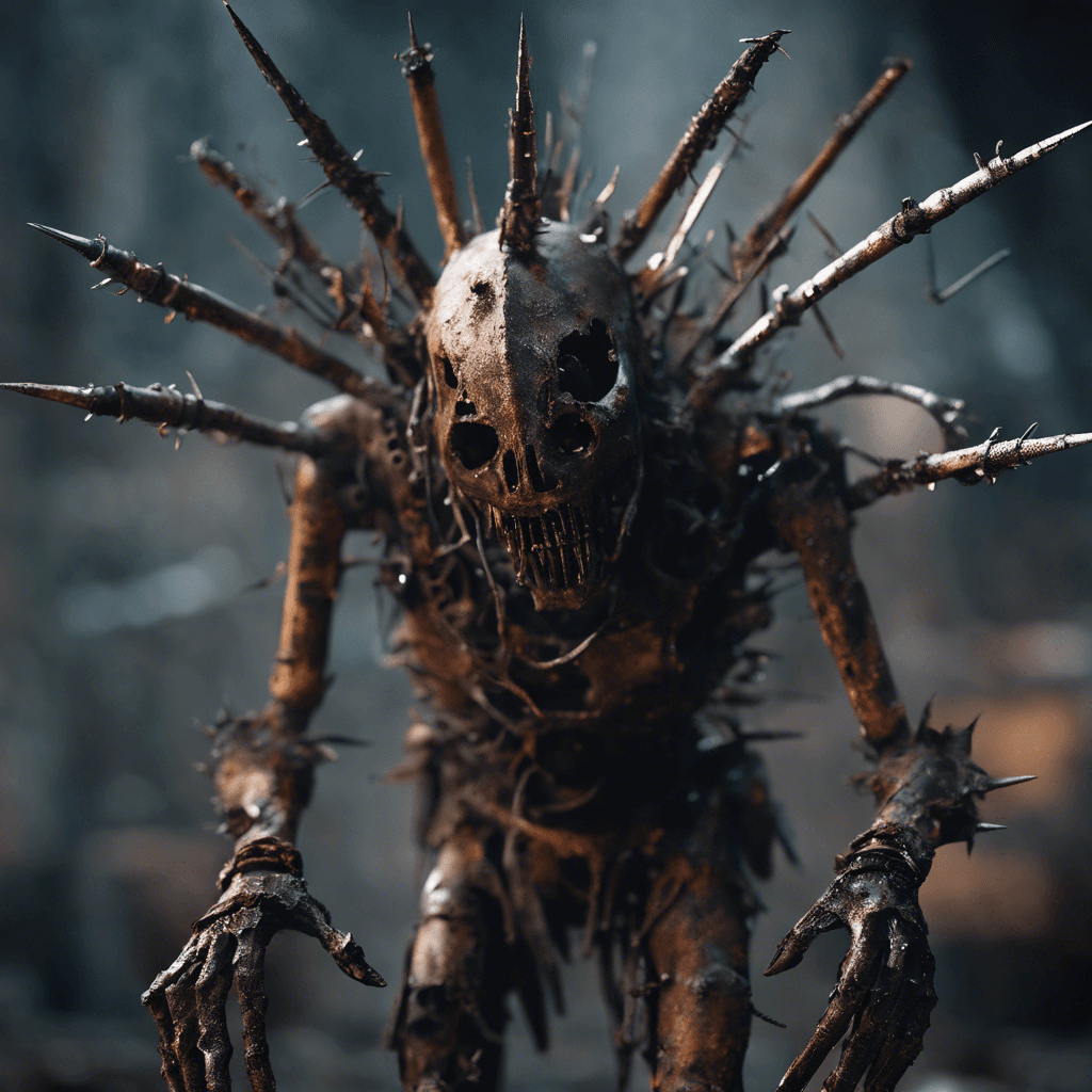 The Rust Reaver is a humanoid figure covered in tattered, metal scraps and adorned with sharp, rusty spikes jutting out from various parts of its body. Its eyes glow with a malevolent light, and its movements are jerky and unnatural, as if driven by some unseen force.