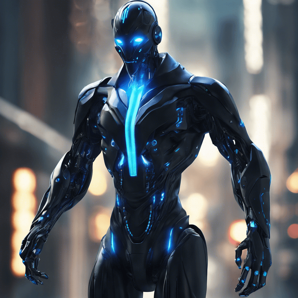 A sleek humanoid android with a body covered in black synthetic fiber, interspersed with glowing blue circuitry. Its eyes, a pair of piercing LEDs, scan relentlessly for threats. Equipped with razor-edged appendages and a cloak of stealth technology, it moves with deadly grace and efficiency.