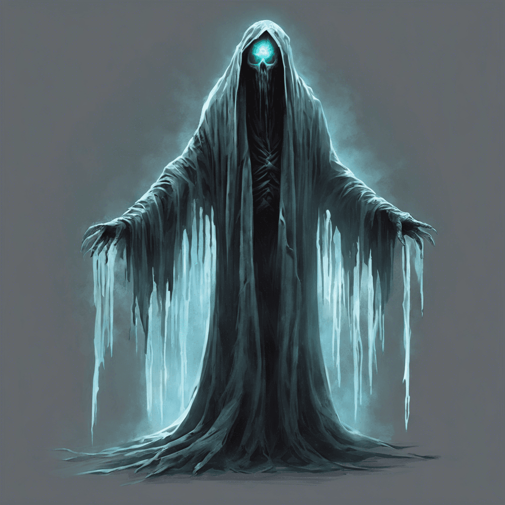 The Spectral Wraith is a phantom-like entity with tattered robes flowing around its translucent form. Its eyes glow with an otherworldly light, and it emits an icy chill that freezes the air around it. The Spectral Wraith is a malevolent spirit seeking vengeance from the living.