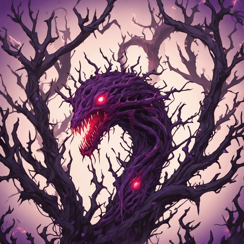 An animated mass of brambles and thorns, with a core glowing with dark purple energy. Vines writhing like serpents make up its body and it has glowing red eyes, emitting an aura of malevolence.