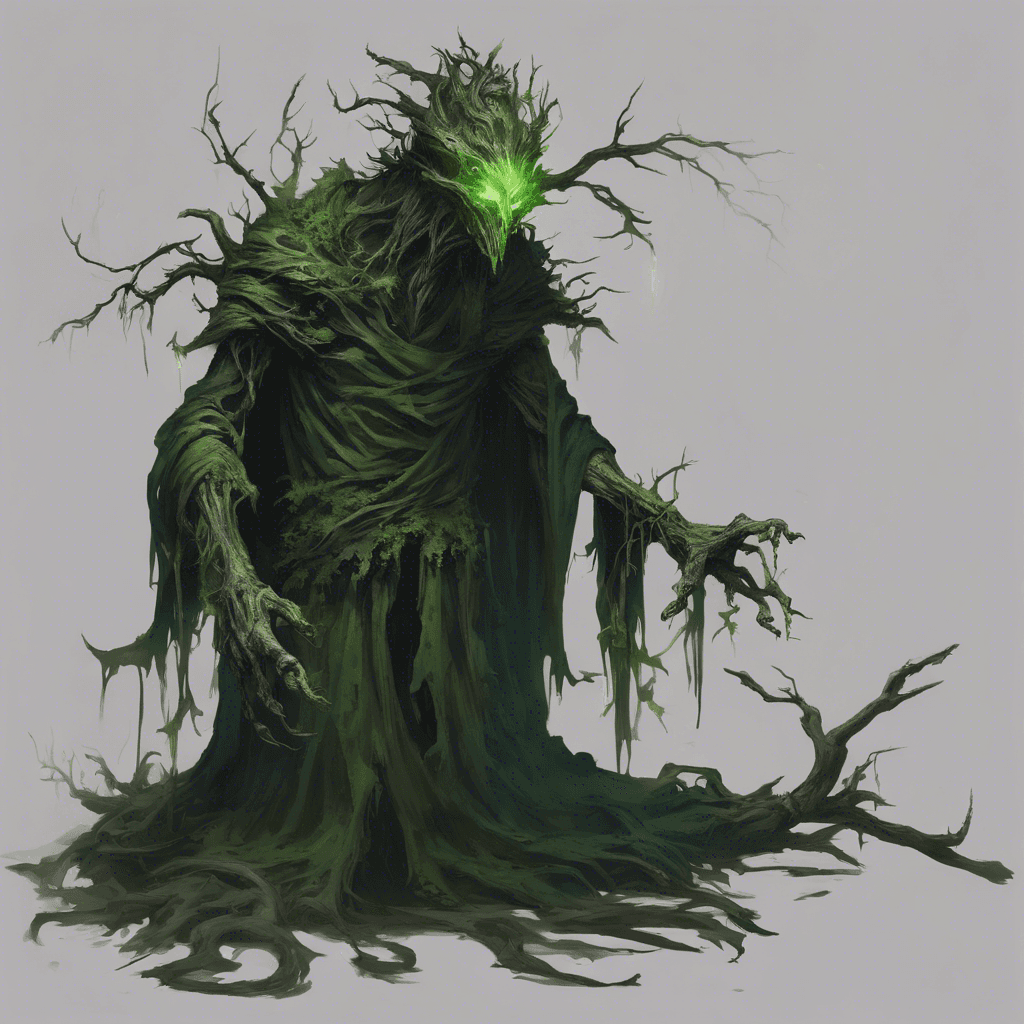 A gaunt figure, wreathed in tattered robes of dark green, with skin like gnarled bark and eyes glowing with an eerie, verdant light. In its twisted, branch-like fingers, it holds a gnarled staff pulsing with a palpable enchantment.