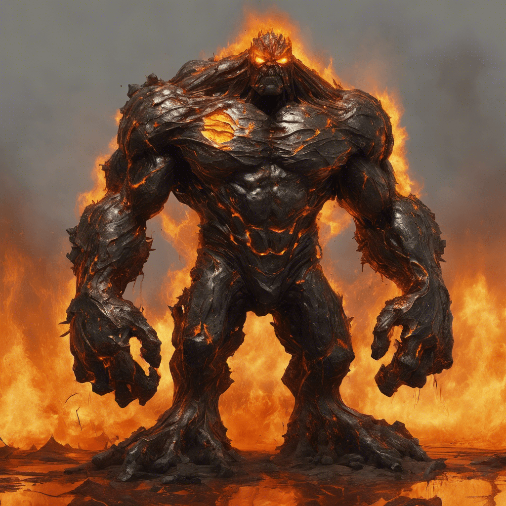 A massive hulking figure, made entirely of molten metal and slag, with fiery orange and yellow eyes that burn with an intense heat. Its body exudes an aura of extreme heat, and molten metal drips from its joints. It wields a huge hammer made of the same substance as its body.