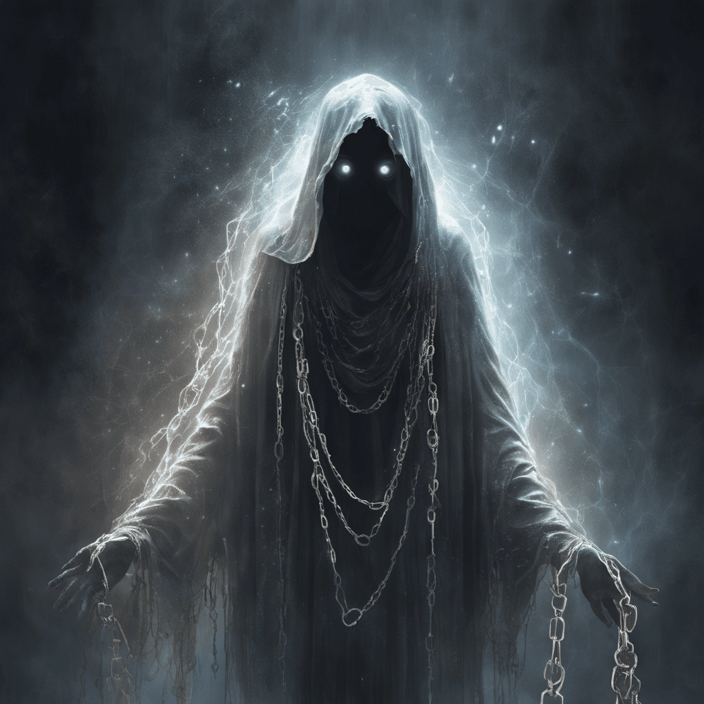 A spectral figure shrouded in dark tattered robes, its eyes glimmering with ghostly light. Ethereal chains clank softly as it floats, phasing through the ground.