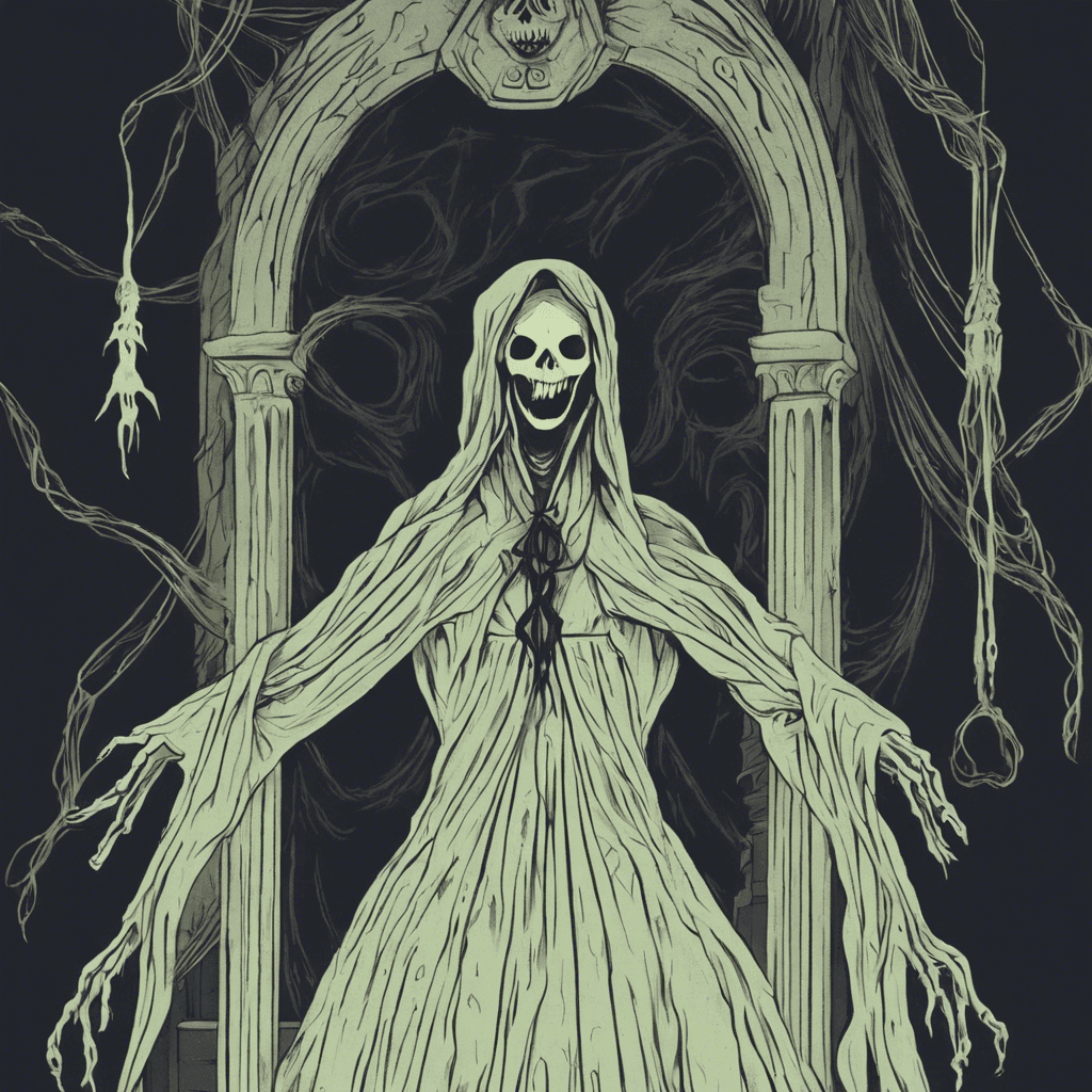 A spectral figure twisted and contorted in agony, with glowing eyes that pierce through the darkness of the haunted mansion. It emits chilling whispers that send shivers down your spine, causing unease and fear to overcome anyone in its presence.