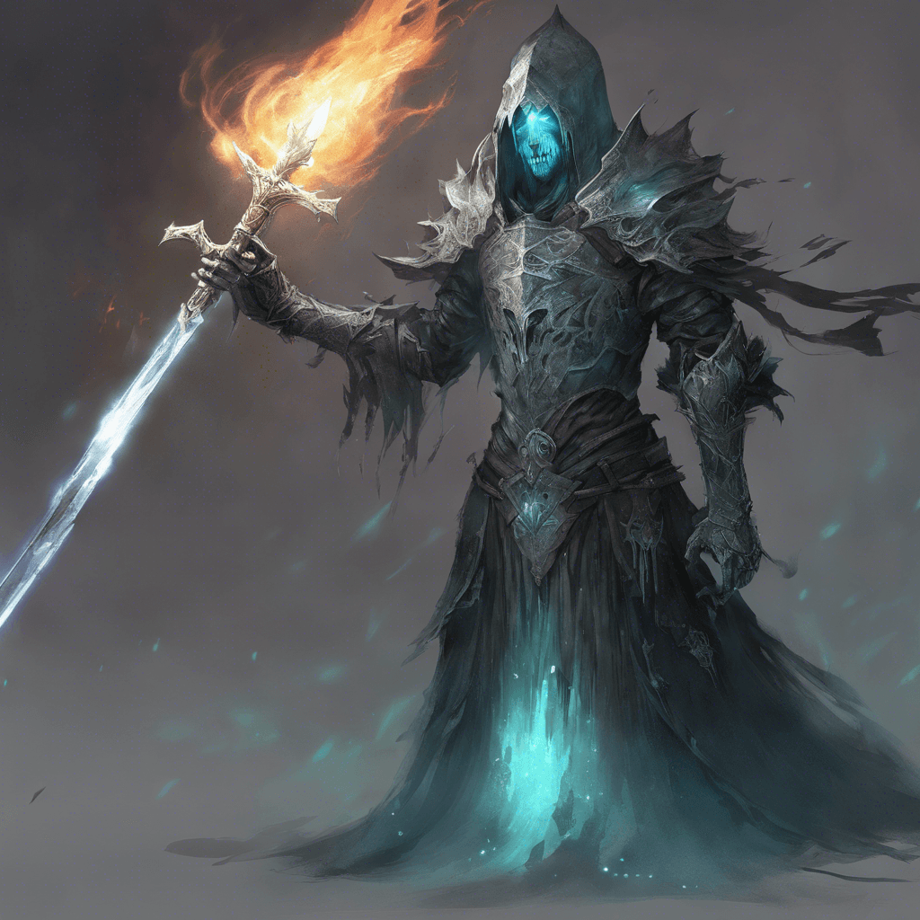 The Spectral Warden is a ghostly figure clad in tattered armor, wielding a shimmering sword that emits an eerie, cold light. Its eyes burn with an otherworldly flame, and its presence chills the air around it, hinting at the sorrow and anger that keeps it bound to this realm.