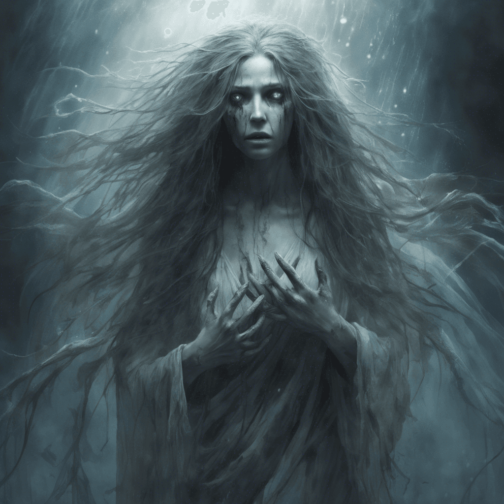 A wailing female spirit, wrapped in tattered funeral gowns, her face a haunting visage of despair and her eyes glowing with a ghastly light. Her hair is long and floats as if underwater, and her fingers are elongated, ending in sharp, ethereal claws.