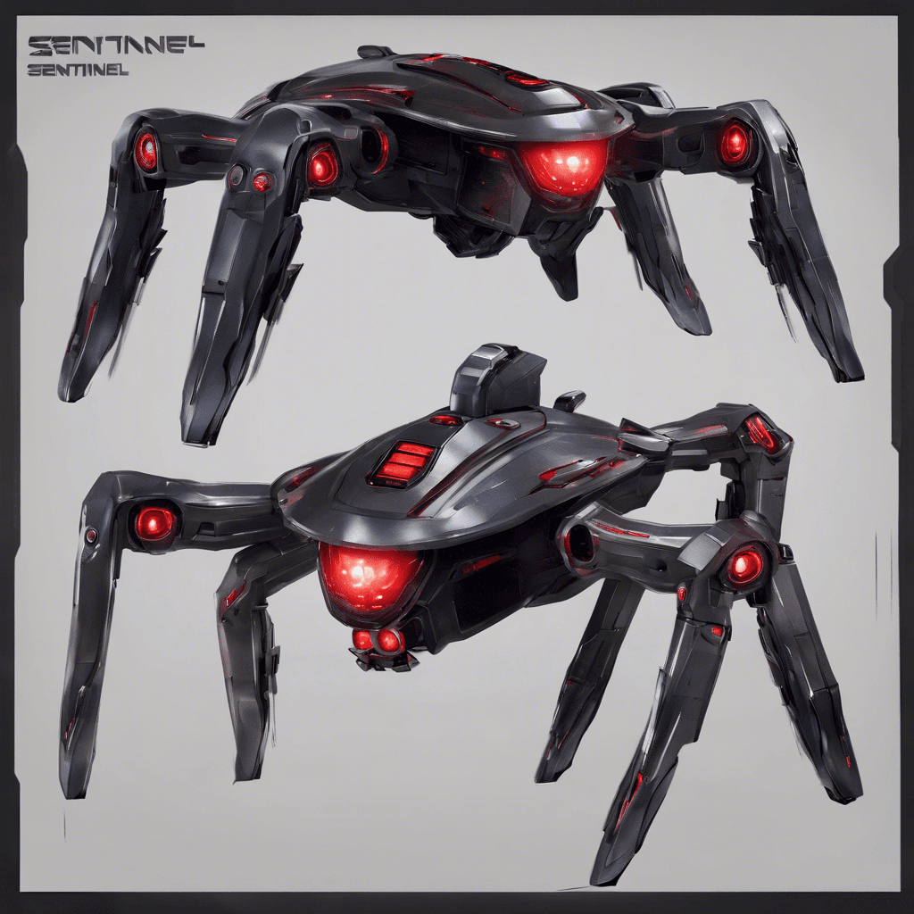 The Sentinel Drone is a sleek, metallic flying robot with glowing red eyes and multiple arms equipped with laser cannons. Its body is armored with advanced technology, making it a formidable enemy.