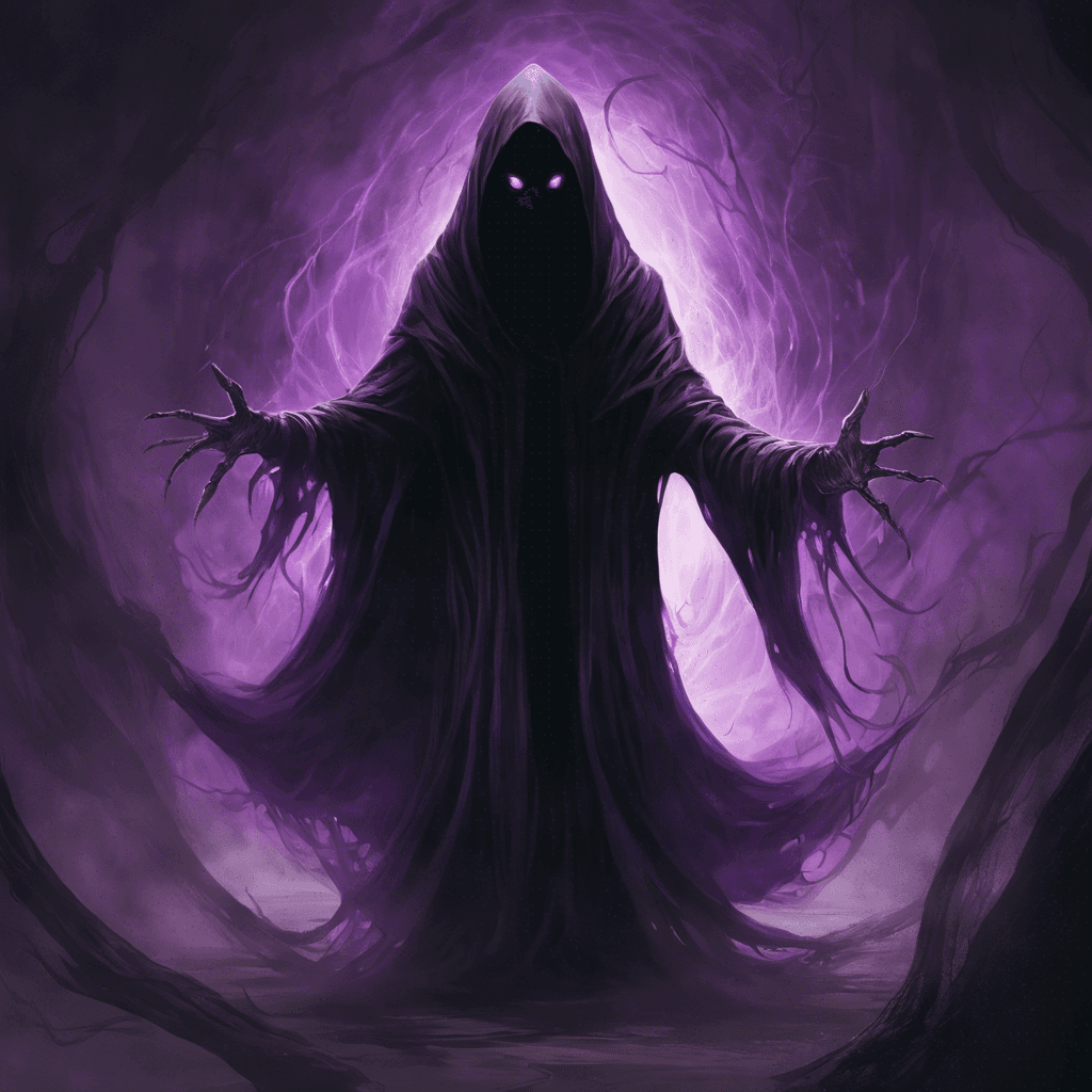 The Void Specter is a shadowy figure cloaked in darkness, with glowing purple eyes that pierce through the black veil. Its form seems to flicker and shift, making it difficult to track its movements. The sound of whispers and unnatural echoes emanate from its vicinity, sending chills down the spine of anyone who hears them.