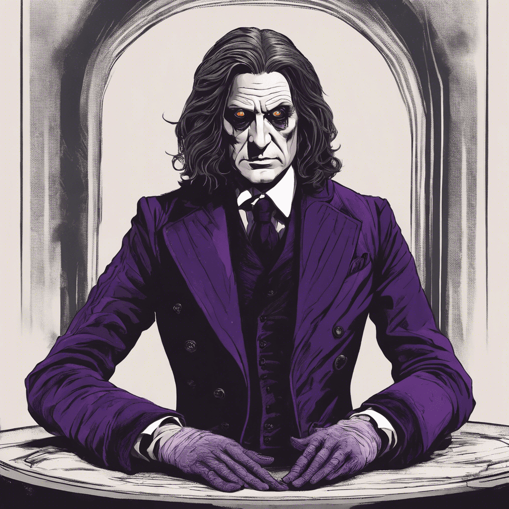 Oswin is dressed in a black mourning suit, his hair is as dark as a raven's feather and his eyes hold a deceitful glint. He looks like a respectable man, but a sinister aura surrounds him, and his hands are stained with traces of a strange purple powder.