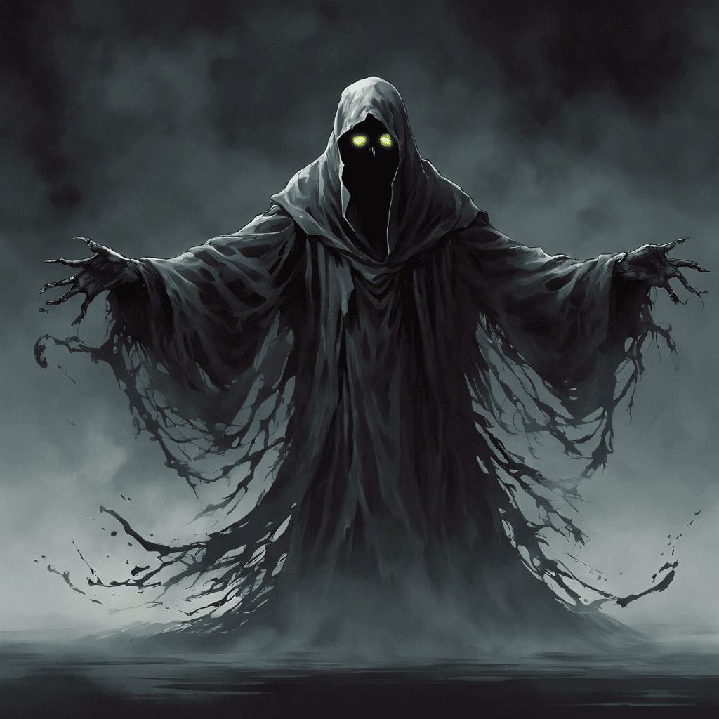 The Wraith is a shadowy figure with glowing eyes and tattered robes. Its presence sends chills down your spine and a feeling of dread washes over you. It moves with an unnatural grace, floating just above the ground.