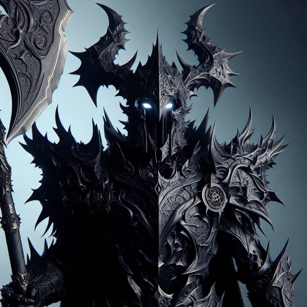 A towering figure clad in spiked, obsidian armor. Eyes glow beneath a horned, baroque helmet. A battleaxe etched with runes hums with dark energy.