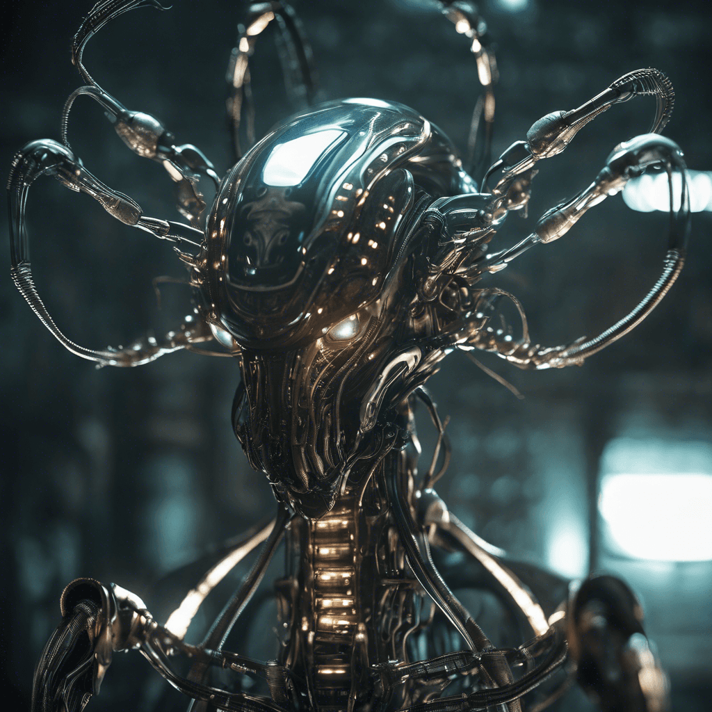 The Xenoshifter is a biomechanical organism, a fusion of alien biology with advanced robotic technology. Its metallic exoskeleton shimmers in the dim light, with glowing energy pulsing through its circuitry. Long tentacle-like appendages extend from its back, ready to strike at any moment.