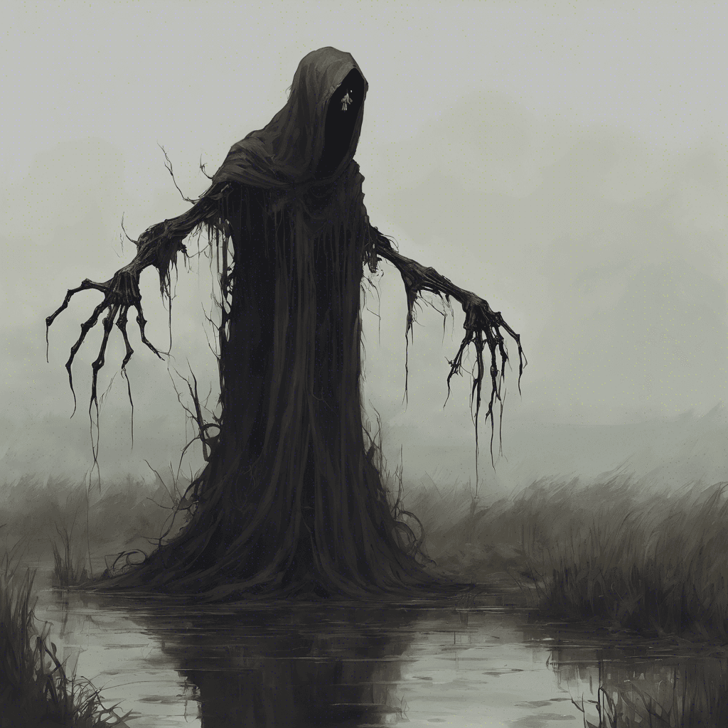 A wisp-like figure, shrouded in tattered, dark robes that float eerily above the marshy ground. Its eyes are hollow but gleam with an unnatural light, and its long, skeletal fingers seem to claw at the very air.