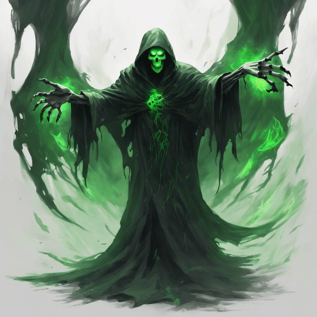 A hovering specter shrouded in tattered robes, its eyes glowing with a baleful green flame and its skeletal hands reaching out with claws of incorporeal energy.