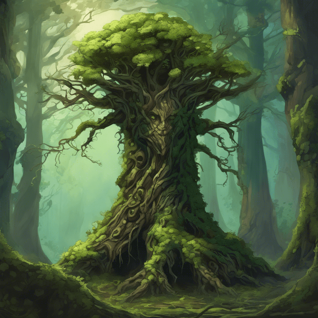 A towering treant with gnarled bark skin, limbs that twist like ancient branches, and eyes that glow with a deep emerald light. Moss and ivy cloak its body, and small critters skitter in the hollows of its form.